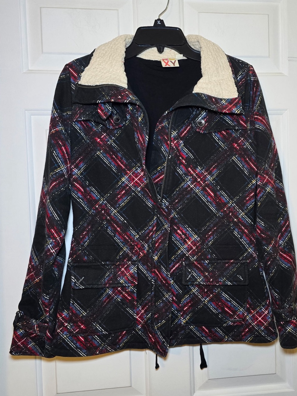 Roxy Black Plaid Utility Zip Up Jacket Cargo Pockets Medium Sherpa Collar